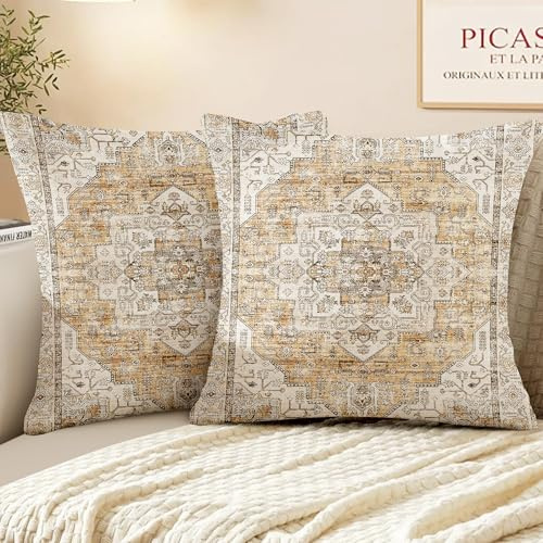 XPHZZL Pack of 2 Bohemian Style Linen Decorative Cushion Covers 65x65 cm Square Throw Pillow Covers 26x26 Inch Boho Style Pillowcases for Outdoor Home Decor Sofa Bedroom Car - Orange White
