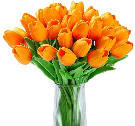 XIANNVXI 20pcs Orange Tulips Artificial Tulip Flowers Silk Tulips Decorative Fake Faux Orange Flowers for Indoor Spring Kitchen Wedding Bouquet Rome Decor 14 Inch
