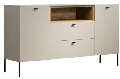 trendteam smart living Sao Paulo Sideboard Kashmir Beige/Evoke Eiche Kommode mit Soft-Close Funktion 154 x 85 x 42 cm Schwarze Metallgriffe und -Füße