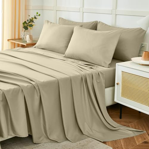 Homebliss Parure De Lit 180x190/200cm 4 Pièces en Polyester, Draps de Lit 2 Personnes, Drap Housse Ajustable 180x200 cm, Drap Plat 2 Personnes 240x250 cm et 2 Taie d'oreiller 50x80, Beige