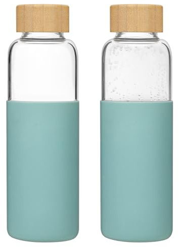 LIMILI 2 pack 500ML Glass Water Bottles With Bamboo Lids and Silicone Covers, Leak Proof Reusable Drinking Bottles for Hot Cold Drinks, Work, Gym, Home