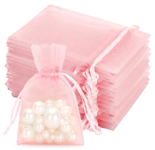jijAcraft - Sacchetti in organza, 7 x 9 cm, piccoli, colore rosa baby, 100 sacchetti regalo con coulisse, trasparenti, da riempire, per matrimonio, per gioielli e caramelle