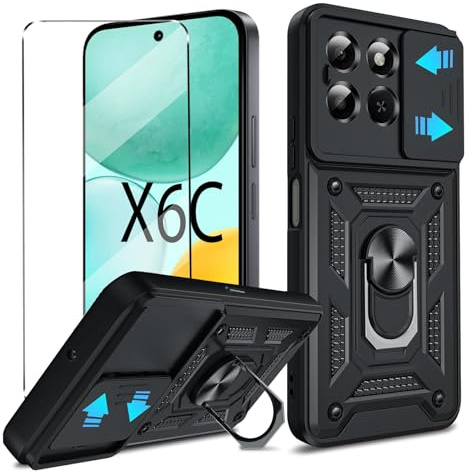 2-in-1 Case for HONOR X6C Phone Case Screen Protector with Slide Camera Protection Cover Heavy Duty Military Grade Protective Cover phone holder,Black