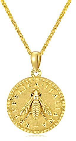 WSX 2 Lira Italienische Bienen-Münzkette für Damen, Lire, 18K Gold plattierter Anhänger, 925 Sterling Silber
