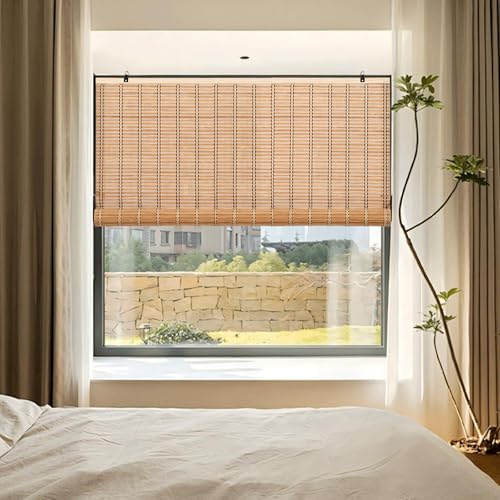 Retro Bambusrollos, Naturholz Aufrollbarer Sonnenschutz Lichtfilterung Anti-UV für Innen/Garten/Fenster(Braun, 60 x 220 cm)