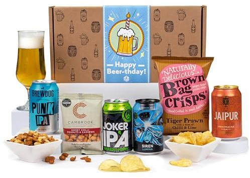 Craft Beer IPA Gift Set – Happy Birthday Hamper with 4 IPAs & Snacks, Birthday Gift for Men