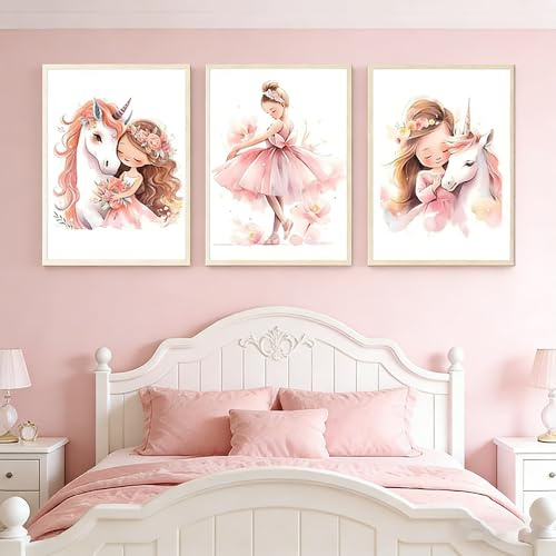 3 Bilder Kinderzimmer Mädchen Einhorn Rosa Prinzessin Poster Babyzimmer 30x40 Bilderwand Kinder Baby Leinwand Ballerina Poster Mädchenzimmer Einhorn Bilder Kinderzimmer Mädchen Rosa ohne Rahmen