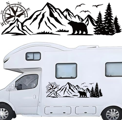 Pwsap Adesivi Montagna Bussola Adesivi per Cofano,Orso Auto Adesivi Grafici Montagna Adesivo Decorativo in Vinile Impermeabile per SUV Veicoli Camper Fuoristrada Carrozzeria Porta Laterale Tronco Nero