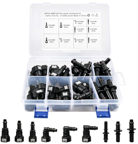TECKZOON Lot 36 raccords Carburant, SAE 9,89/9,49/7,89/6,3 mm, Droits & coudés, pour tuyaux Essence Ø int. 3/6/8 mm, en ABS. Kit réparation Auto, Moto, Bateau – Essence & Diesel.