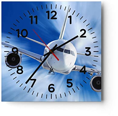 ARTTOR Moderne Glasuhr 30x30cm Quadrat Wanduhr Reisen Flugzeuge - 2537 | Luftfahrt Flugzeug Flug Glas Analog Wanduhr Lautlos Wanddekoration Wohnzimmer Küche Wanddeko Küchenuhr Geräuschlos ARTTOR