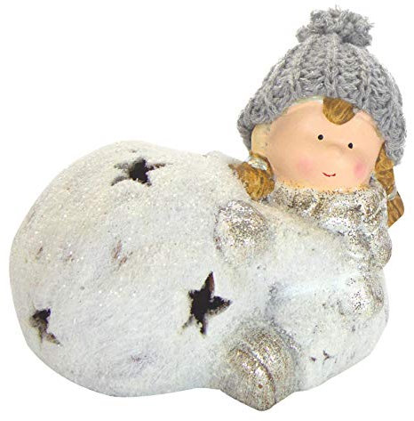 Deko Figur Mädchen mit Schneeball mit Sternen und LED