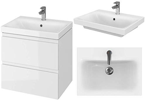 VBChome Badmöbel Set 60 cm, Weiß, Waschbecken mit Unterschrank, 2-Schubladen Waschtisch, Badezimmermöbel mit weißer Keramik-Waschbecken inkl. Hahnloch, Moderner Badezimmerunterschrank