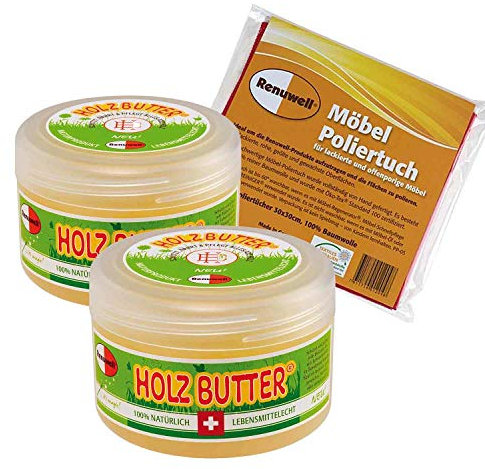 Renuwell Holz-Butter, 2x 250 ml, Intensiv-Pflege für alle Holzarten zur Möbelpflege & Möbel-Poliertuch aus Baumwolle 4-er Set fusselfrei und langlebig, reinigt und poliert Holz, Kunststoff und mehr