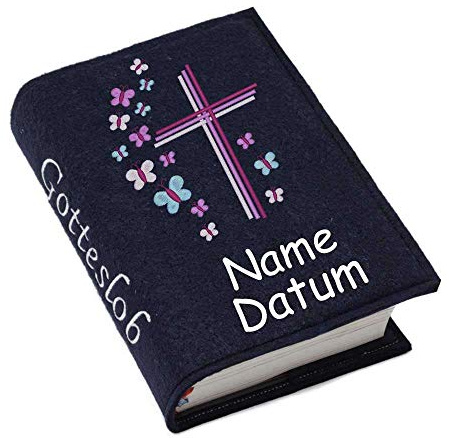 Gotteslob Gotteslobhülle Hülle Kreuz Schmetterlinge lila pink Filz Namen bestickt Einband Umschlag personalisierte Gesangbuchhülle, Farbe:navy