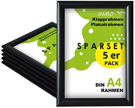 INMO Alu-Klapprahmen DIN A4 5 Stück mit Aluminium Profil ohne Glas - Klappbarer Bilderrahmen Schwarz - Fotorahmen für Bilder, Poster, Plakate - 23,80 x 32,50 cm Urkundenrahmen