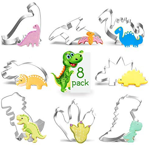 8 Piezas Cortadores de Galletas de Dinosaurio, de Acero Inoxidable, Cortadores de Sándwich de Dinosaurio para Niños, Hornear T-Rex Stegosaurus Brontosaurus Triceratops Tyrannosaurus Footprint
