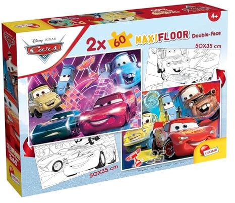 Lisciani - DISNEY CARS - Puzzle MaxiFloor - Double-Sided Puzzle 2x60 Pieces - Colouring and Puzzle Game - For Children from 4 Years - Contains 2 Large Puzzles 50x35 cm - Motor Skills & Creativity