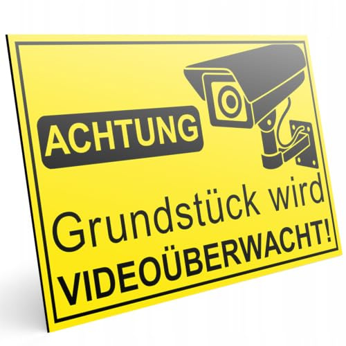Videoüberwachung Warnschilder, 2 Stück, für Innen und Außen (Gelb/Schwarz, 2x 32x21cm - grundstück wird videoüberwacht)