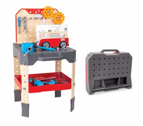 Hape Spielset Werkbank, höhenverstellbare Werkzeugbank für Kinder, kreatives Bauen zum Mitnehmen