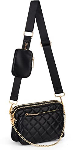 UTO Kleine Umhängetasche Damen 3 in 1 Crossbody Bag Damen Breiter Gurt mit Münzbeutel Handtasche Abnehmbare Kette Schultertasche mit Abnehmbarer Verstellbarer Schultergurt Rhombische Gesteppte Schwarz