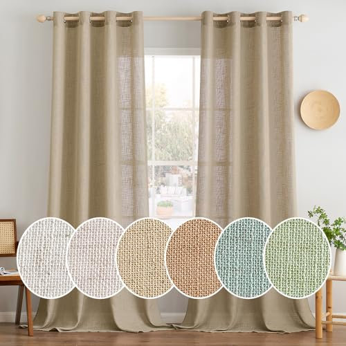 MIULEE Gardinen Vorhänge mit ösen Voile Vorhang kurz Modern Leinenoptik Halbtransparent Ösenvorhang für Wohnzimmer Kinderzimmer Raumteiler 2er Set Dunkelbraun 215x140 cm