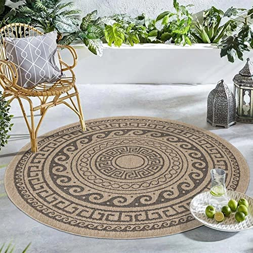 Carpetsale24 Runder In & Outdoor Teppich Wetterfest Sisal Optik Natur 160 cm Rund - Waschbarer Küchenteppich Wasserfest Flachgewebe Natur Optik Vintage Design Teppiche für Balkon Terrasse Wohnzimmer