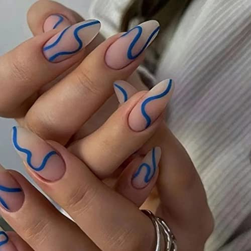 Ceboic 24 Pièces Amande Faux Ongles Court, French Press on Nails Glossy Ongles à Coller avec Autocollants Adhesif, Stiletto Almond Faux Ongles pour Femme et Fille (Bleu Rayures)