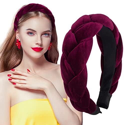 BETESSIN Samt Haarreif Dirndl Geflochten Stirnband Breit Haarband Vintage Gepolsterte Haarreifen Trachten Haarschmuck Rockabilly Kopfband für Damen und Mädchen Dunkelrot