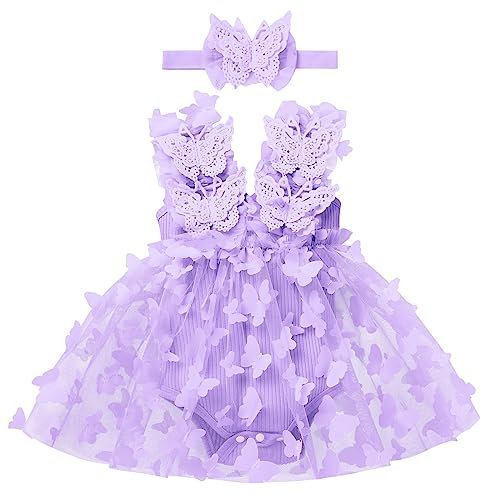 Baby Girl First 1st Birthday Cake Smash Outfit Infant Butterfly V-Neck Sleeveless Tulle Tutu Princess Romper Dress Newborn Photo Shooting Props Toddler Kids Summer Party Clothes Violet 0-6 Months