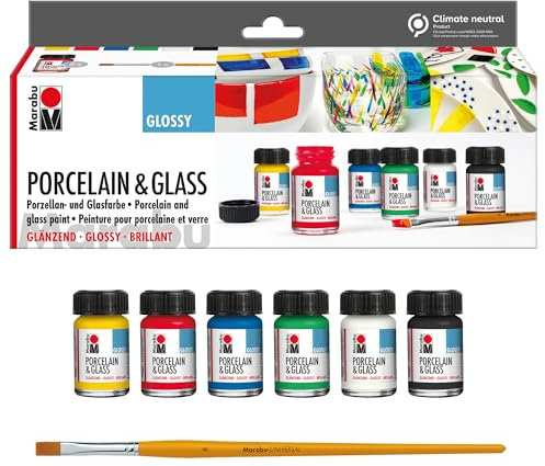 Marabu 1115000000087 - Porcelain & Glass Starter Set Glossy, Peinture pour Porcelaine et Verre à Base d'eau, résistante au Lave-Vaisselle sans Cuisson, 6 x 15 ML de Peinture et Pinceau