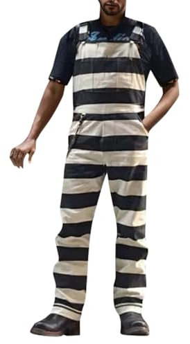 Darringls Salopette da lavoro, da uomo, con bretelle, a righe, in cotone, con tasche oblique, bianco, L