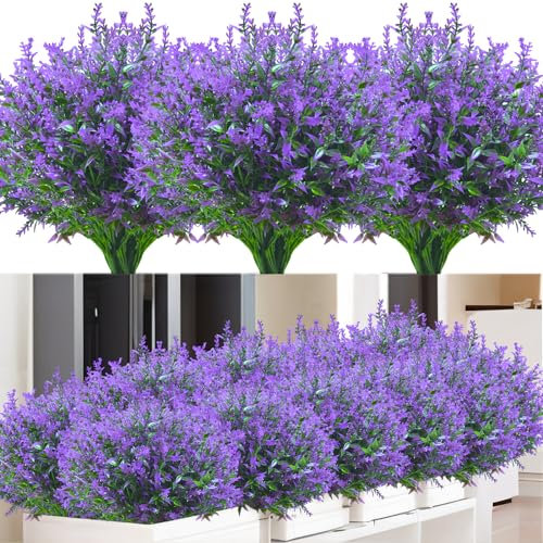 Kinisty 12 Bundles Artificial Lavender Outdoor, Decorative Fake Flowers UV Resistant Plastic Shrubs Bushes Faux Flowers for Outside Indoor Garden Window Boxes Hanging Basket (Purple)