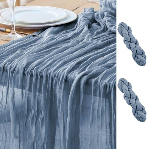Asee'm 2PCS Tischläufer Käsetuch 300 x 90cm Staubiges Blau Boho Transparente Läufer Tisch Hochzeit Gaze Stoff Rustikale Käse Tuch für Braut Dusche Party