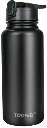 Toofeel Isolierte Wasserflasche, doppelwandig, vakuumisoliert, mit Strohhalm, auslaufsicherer Deckel mit weichem Silikon-Auslauf, wiederverwendbar, BPA-frei, Mitternachtsschwarz