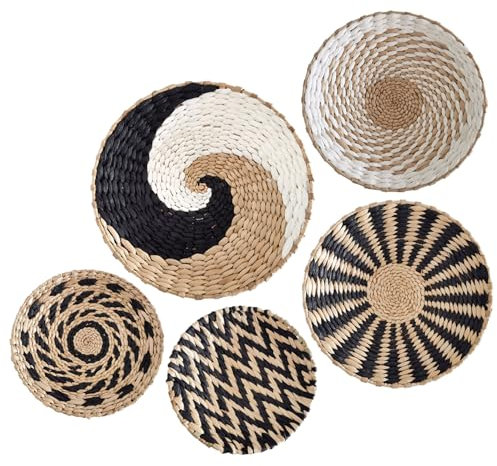 5 Stück Boho Wandkorb Dekor, hängende gewebte Körbe natürliche dekorative Schalen rund Bauernhaus Wandkörbe Kinderzimmer Wanddekor für Schlafzimmer Wohnzimmer Büro Wand