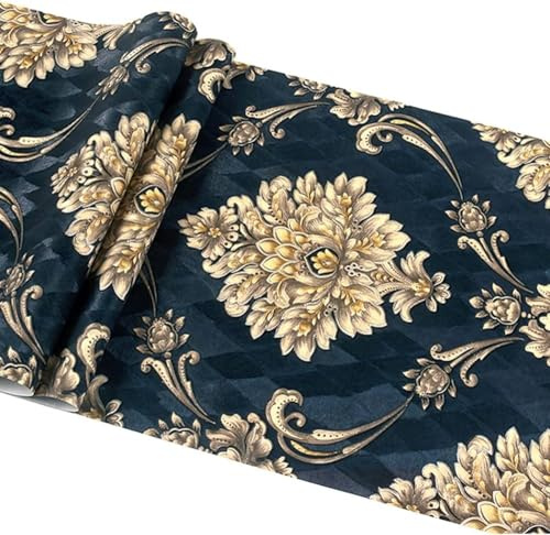 HimYKEA European 3D Damask Flowers Wallpaper for Bedroom Living Room Background Wall Vintage Striped Home Decoration Wall Paper Roll Blue Colour 1.73' W x 31.2' L