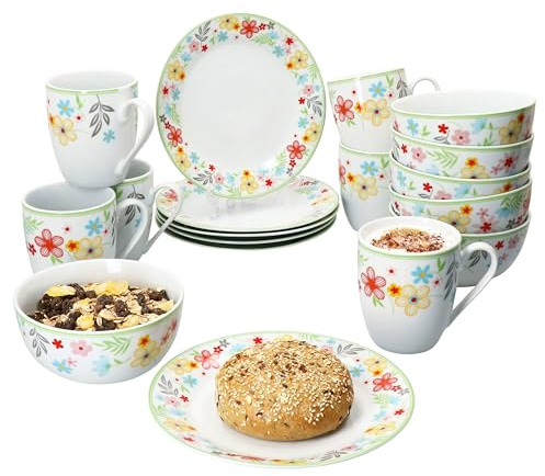 MamboCat Variant Blümchen 18tlg Frühstücksset I Je 6X kleine Teller, Schale 450ml & Kaffeebecher 350ml, Höhe 10,3cm für 6 Personen I Porzellan-Geschirr für Frühstücks- & Kaffeezeit