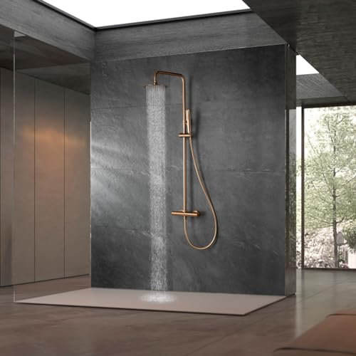 IMEX - Columna Ducha Termostatica Oro Rosa con Grifo | Conjunto de Ducha con Alcachofa y Rociador Antical Efecto Lluvia | Griferia en Latón y Acero Inox S.304 con Barra Extensible | Serie Nápoles