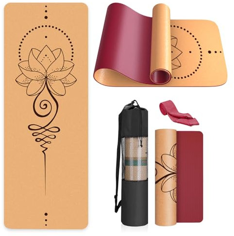 Haninj® Yogamatte-Kork, Rutschfest, Einzigartiges Design, Extradick Natürlicher Kork, TPE Fitness-Trainingsmatte mit Tragetasche und Gurt, für Zuhause, Pilates, Aerobic Fitnessstudio und Workout