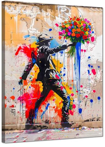 Kunstbruder© Wandbilder Banksy Gross hochkant Schlafzimmer Home Deko Wohnung Bild Wohnzimmer Bilder Leinwand Graffiti kunstdruck - Bunt gemälde (dancingmanblume, 60x80 cm)