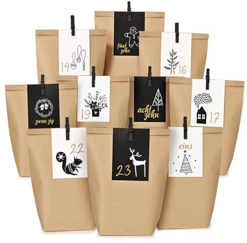 Adventskalender tüten zum Befüllen - 24 bedruckte Geschenktüten mit Visitenkarten - Papier Adventstüten - Weihnachtskalender zum Selber Befüllen für Kinder Junge und Männer, Wiederverwendbar