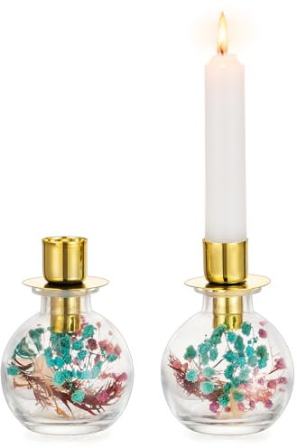 NUPTIO Kerzenständer Stabkerzen Kerzenhalter Glas: 2er Gold Kerzenhalter mit Trockenblumen Boho Deko Weihnachten Geschenke für Frauen Tischdeko Esstisch Frühling Stabkerzenhalter