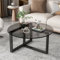 Moderna mesa de centro redonda de cristal negro de 60 cm con escritorio de vidrio templado y soporte de patas de metal de hierro forjado, elegante y resistente