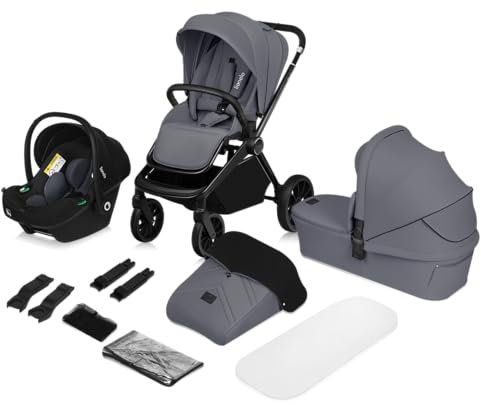 LIONELO MIKA PLUS 3-in-1 Buggy 0-48 Monate bis zu 22 kg Babywagen bis zu 9 kg Kindersitz Babytrage bis zu 13 kg, Rückenlehne verstellbar, Dämpfung, 360° Räder, XXL-Verdeck