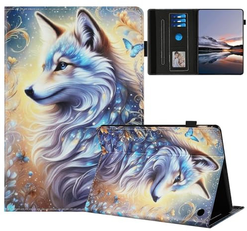 LMFULM® Case for Amazon Fire HD 8/8 Plus 12th Gen 2022 (8.0 Inch) PU Leather Protective Case Wallet with Sleep/Wake Stand Shell Flip Cover Holster White Wolf Pattern