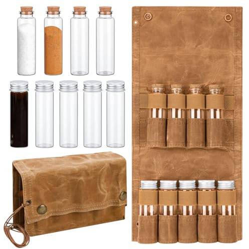 LEKEFETO Tragbare Gewürztasche aus Segeltuch mit 9 Gewürzgläsern, Camping Gewürzset für Outdoor, BBQ, Picknick, Reise (Khaki)
