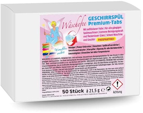 Wäschefee Geschirrspültabs mit Power-Entkruster, 50 Stück – All-in-One Spülmaschinen Tabs mit Klarspüler, Glasschutz & Edelstahlglanz - Spültabs gegen Fett und Verkrustungen, Phosphatfrei