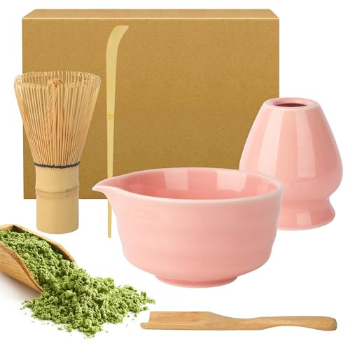 Coffret Matcha Rose, Bol à Matcha avec Bec Verseur, Support pour Fouet et Cuillère en Céramique, Coffret Matcha 5 Pièces, Conçu pour les Amateurs de Matcha