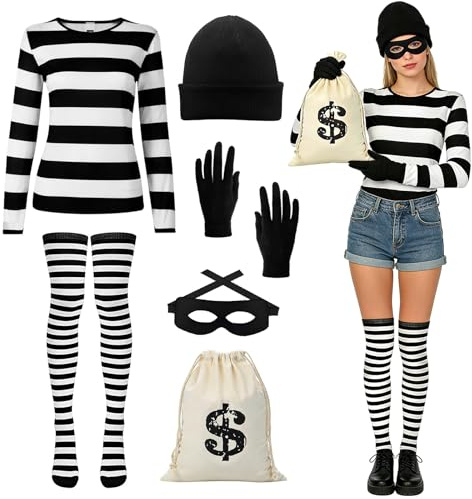 CUVZORA Disfraz de ladrón para mujer, juego de 6 piezas con camiseta a rayas blancas y negras, gorro de ladrón, guantes, antifaz, calcetines, monedero, para Halloween, carnaval, fiesta, cosplay