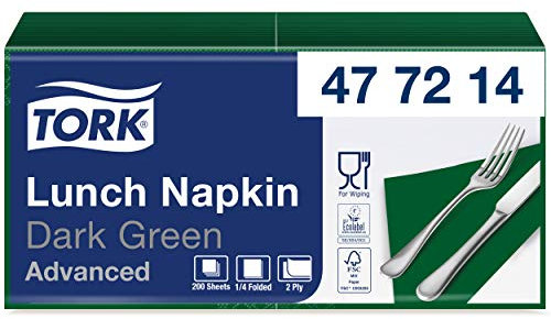 Tork 477214 Lunchservietten Dunkelgrün / 2-lagige Servietten für kleine Gerichte & Snacks / Advanced Qualität / 10 x 200 (2000) Papierservietten / 32,6 x 33 cm (B x L) / 1/4-Falz